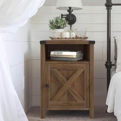 New Single Farmhouse Nightstand, Side Table End Table with Barn Door and Shelf, Modern, Rustic Brown