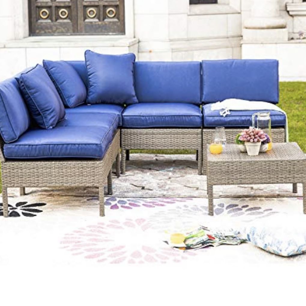6pcs Furniture Patio Conversation Set Sectional PE Rattan Wicker Sofa Couch with Coffee Table and Washable Seat Cushions, Blue