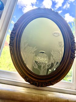 Vintage brass finish , etched roses mirror