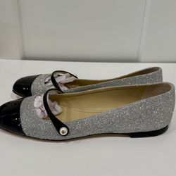 NEW Jimmy Choo Elisa Ballet Flat, Size 37.5, Silver w/ Black Patent Leather Toe