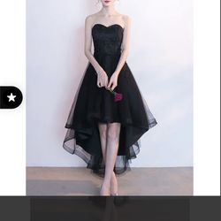 High-Low Tulle Unique Homecoming Dress, Applique Sweet Heart Black Homecoming Dress