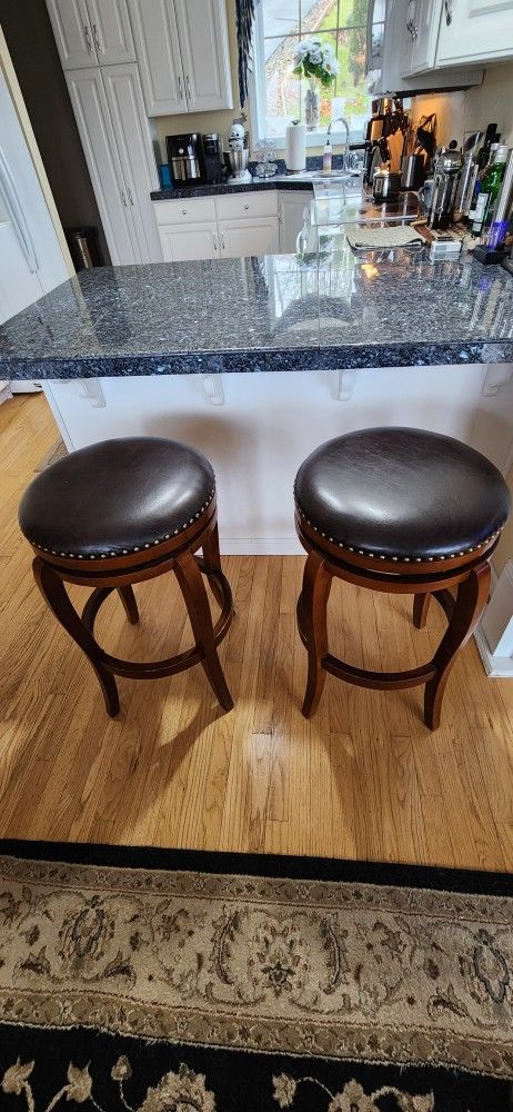 Cherry Wood Brown Leather Bar Stools 