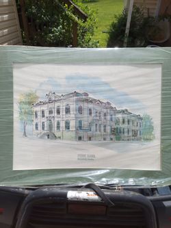 1975 watercolor of the old John Kerr school on Cameron St by Bob Woods.