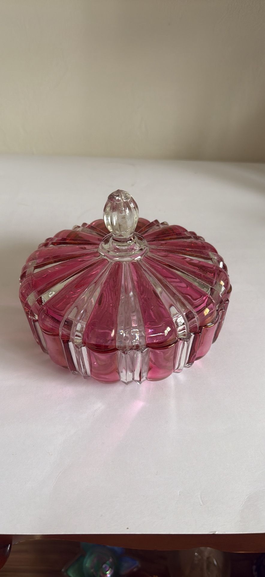 Vintage Rainbow Hand-Decorated Cranberry Pink Pressed Glass Lidded Candy Dish - 7.5"