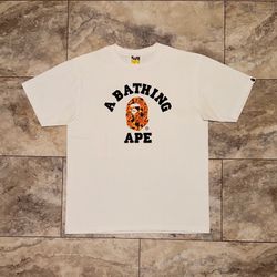 BAPE Flame College Tee White Orange Ape Head T-Shirt Size Large
