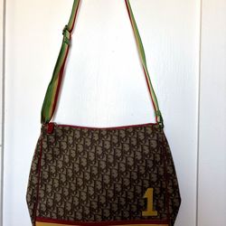 Christian Dior Logo Shoulder Bag Red Green Yellow Striped Adjustable Strap Number
