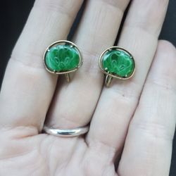 Gold Jade Screw Back Vintage Earrings.