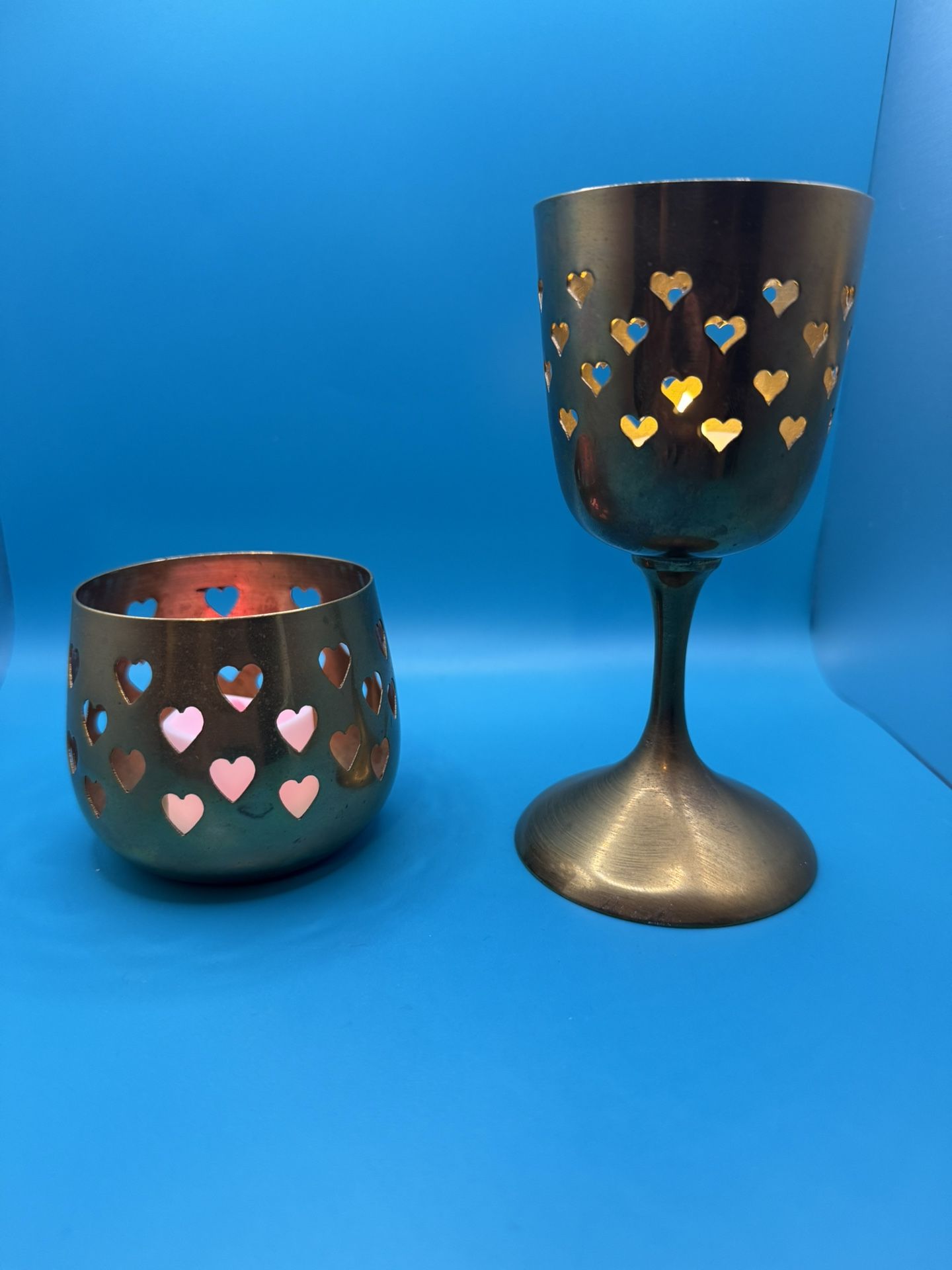 Vintage Brass Candle Holders with Heart design (Set of 2)