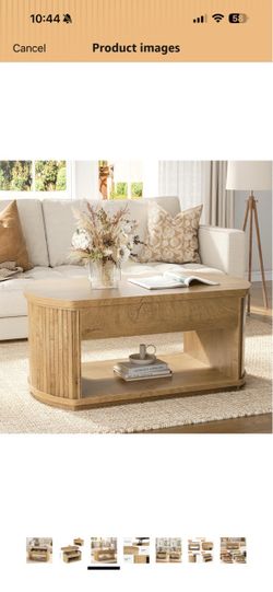 Oval Fluted Coffee Table with Lift Top Hidden Storage, Wood