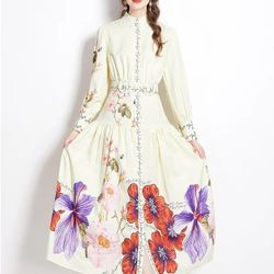 Runway Fashion Floral Mock Neck Lantern Sleeves Belted Ruffled Party Maxi Dress