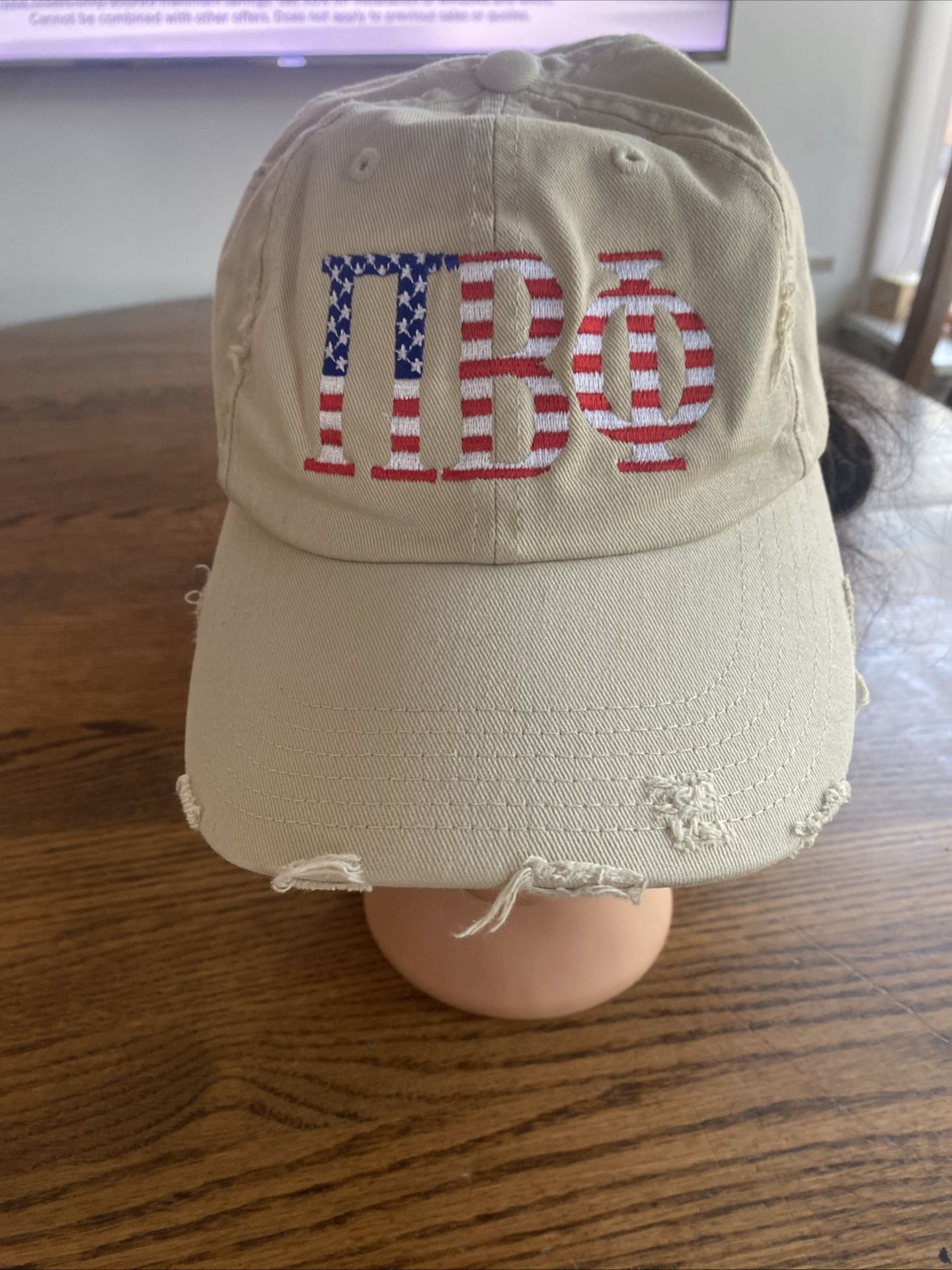 VTG Pi Beta Phi Worn Looking Baseball Cap Adj Beige With Red,White,Blue Embroidery Made By District