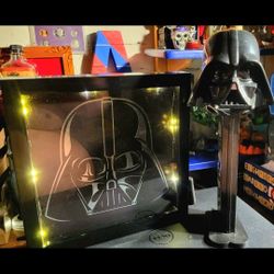 STAR WARS: 3-D, SHAWDOW BOX, LED FRAME DARTH VADER & (12"×12") LARGE DARTH VADER PEZZ CONTAINER (battery operated, DV breathing), firm.⁸