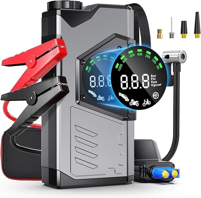 Portable Car Jump Starter with Air Compressor, 3000A Portable Jump Starter Pack with 150PSI Tire Inflator, 12Volt Jump Start Battery Pack with LCD Dis
