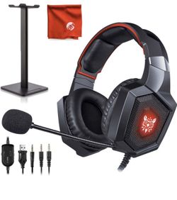 ONIKUMA K8 Red LED Light Pro Over-Ear Surround Sound Noise Cancelling Gaming Headset Microphone Bundle with Headphone Stand for PC, Xbox One, PS4, Ni