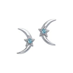 Blue Topaz Star and Crescent Moon Sterling Silver Earrings 