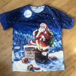 Festive Santa Claus t-shirt with a vibrant Christmas scene. Perfect for holiday celebrations. Nylon, mint condition.