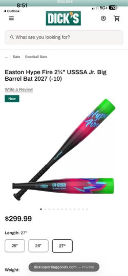 Easton Hype Fire USSSA Jr. Big Barrel Bat 2027 (-10)