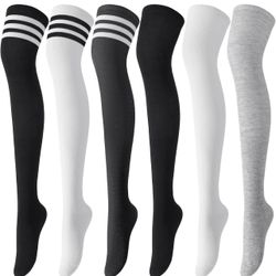 6pairs Thigh High Socks for Women, Warm Over Knee High Socks, Extra Long Striped High Boot Stockings for Daily Wear