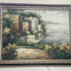36”x 48” Framed Athens Landscape W/boats Canvas Painting