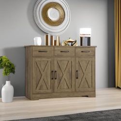 Modern Farmhouse Buffet Sideboard Cabinet, Barn Doors Storage Cabinet with Drawers and Shelves, Wood Coffee Bar Station for Dining Room, Kitchen, Livi