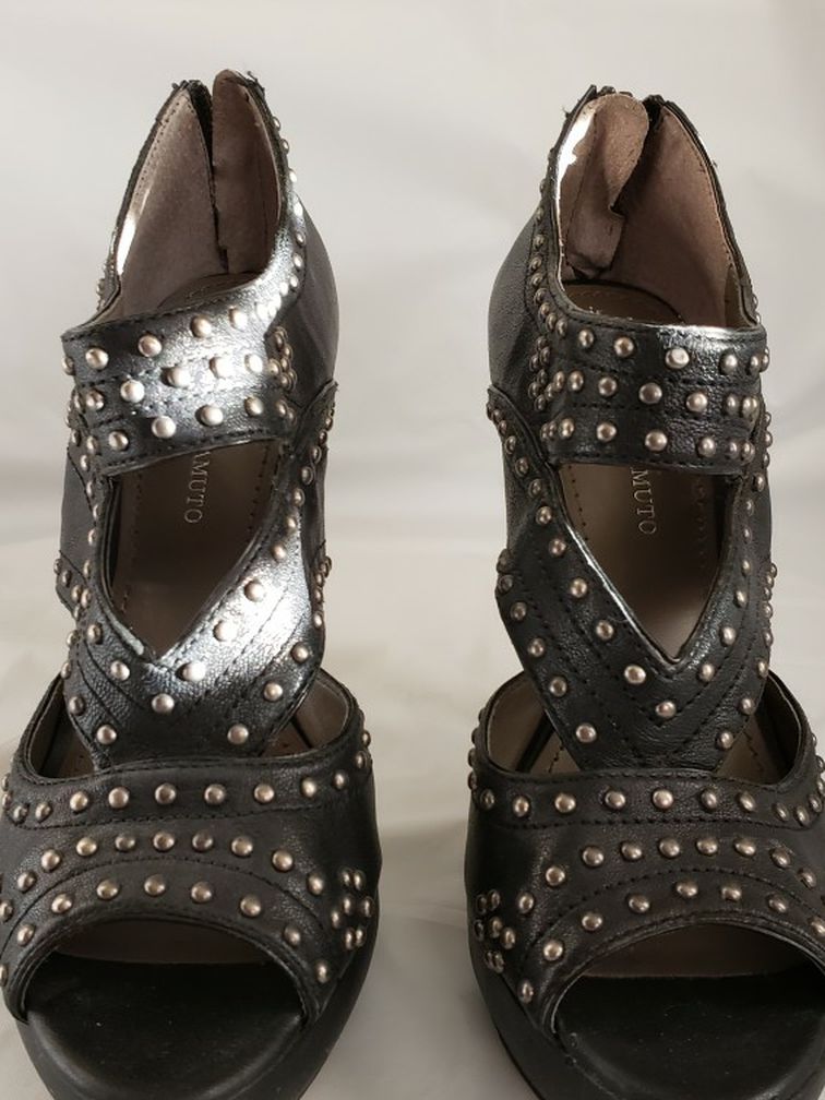 Vince Camuto Studded Black Leather Peep Toe Heels