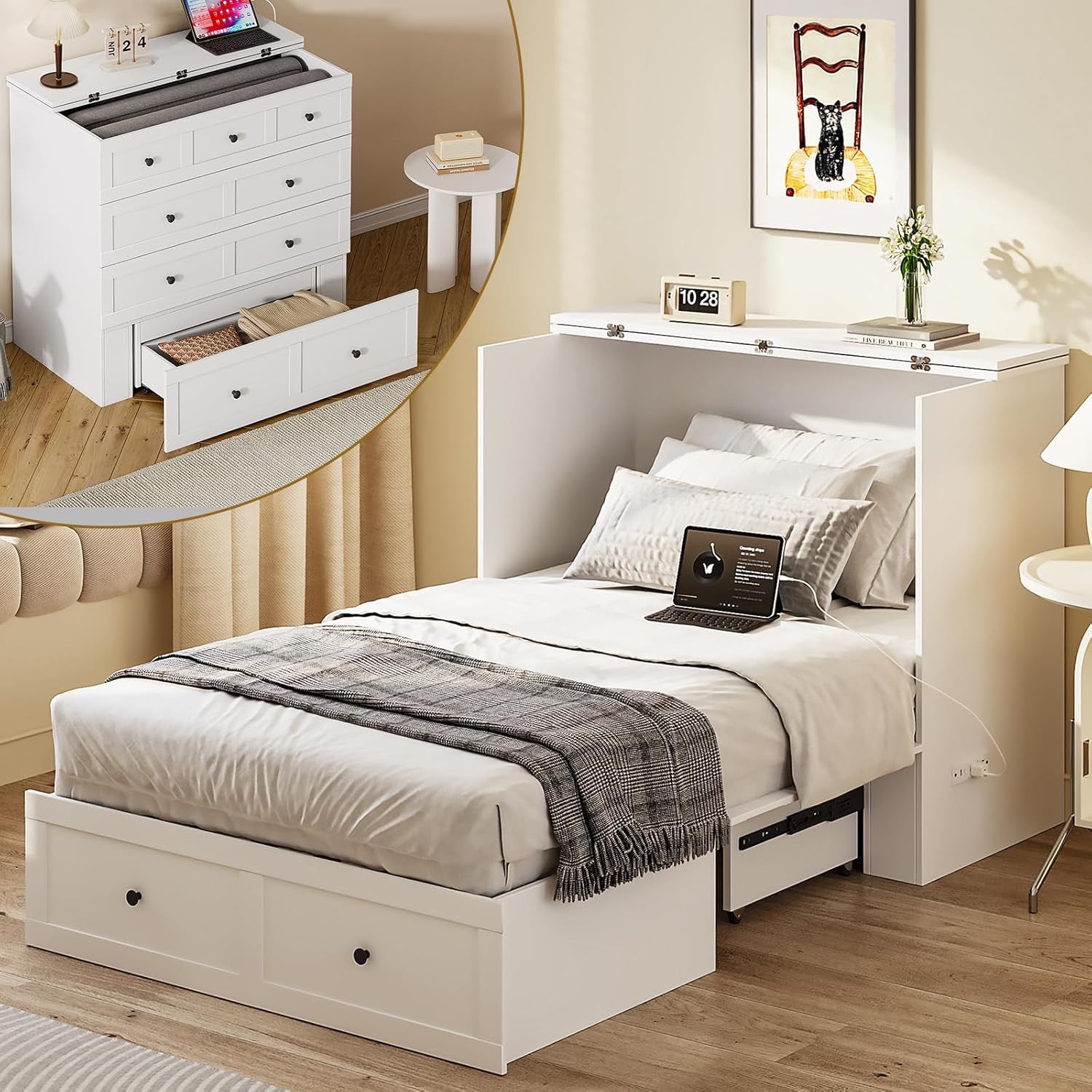 Twin Murphy Bed with Built-in Charging Station, Space-Saving Murphy Bed Chest Twin with Drawer, Foldable, for Home Office Guest Room Bedroom White