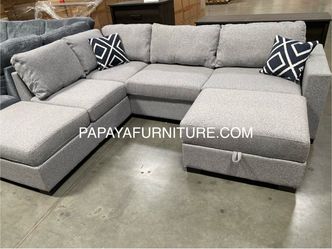 Reversible New Plush Sectional Sofa, Fabric Couch, Grey Sofa, Gray Couch, Sectional with built-in Shelves armrest, Sectional and Ottoman, Storage Otto