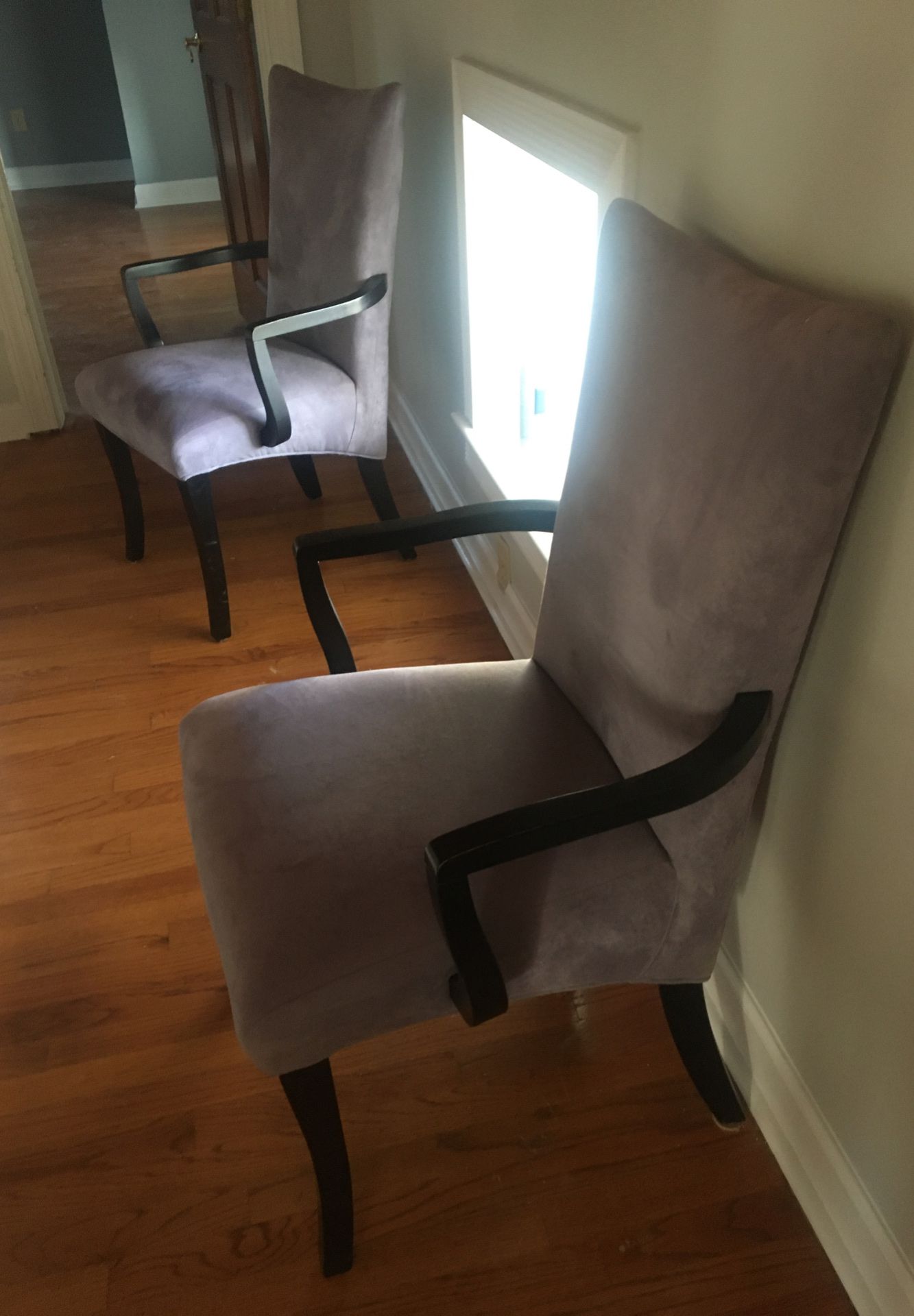 Pair of grey velvet arm chairs