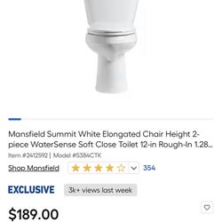 BRAND NEW | Mansfield Summit White Elongated Chair Height 2-piece WaterSense Soft Close Toilet 12-in Rough-In 1.28-GPF