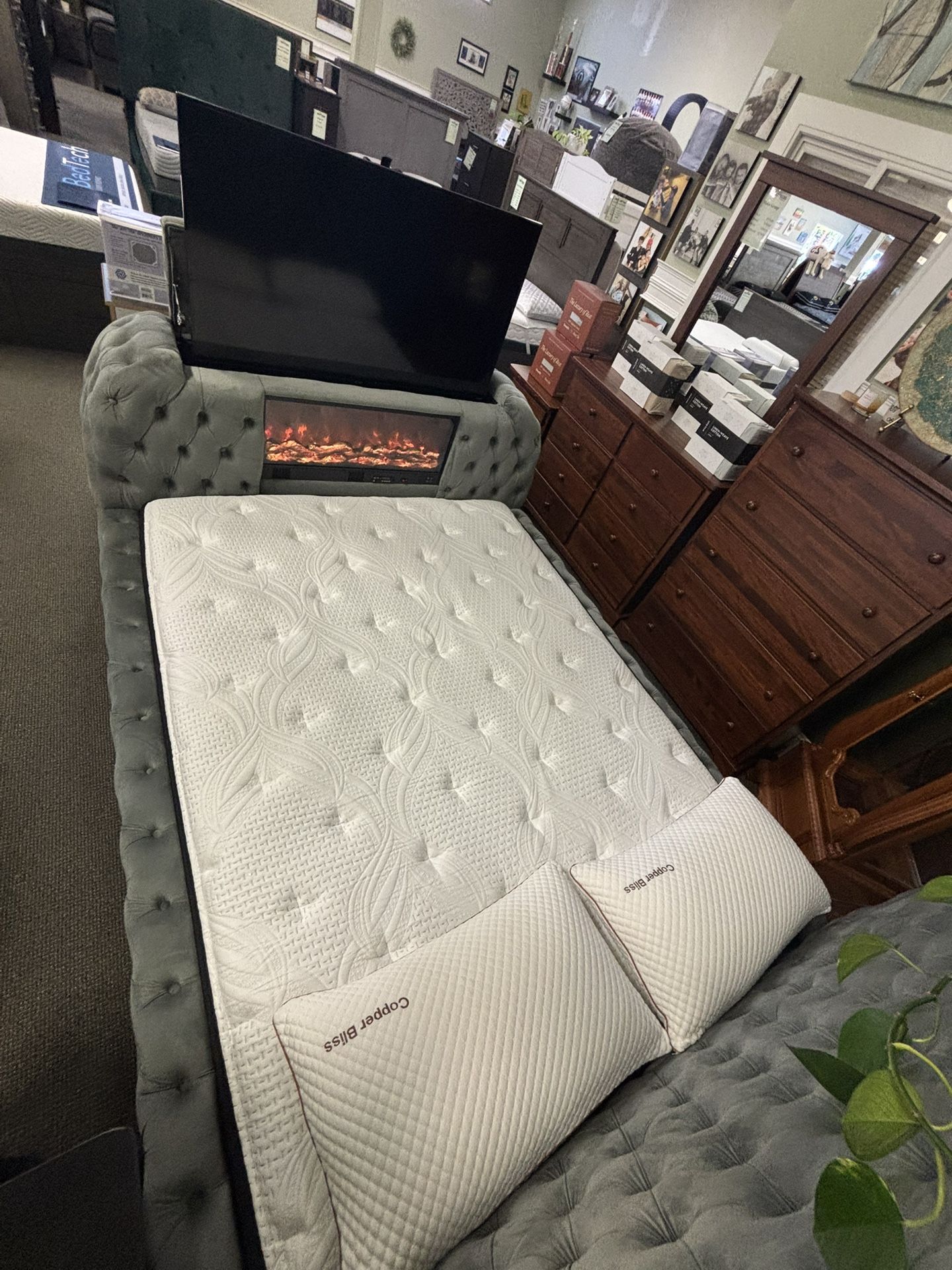 Queen Bed frame W/ Attached Fireplace & TV!!