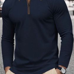 Manfinity Mode Men's Zipper Design Long Sleeve Casual Commuter Quarter Zip Shirt, Fall, Old Money
