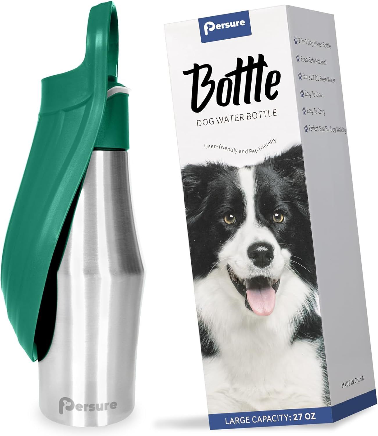 PERSURE Dog Portable Water Bottle, Stainless Steel Water Dispenser - Green, 27 oz. (NEW)