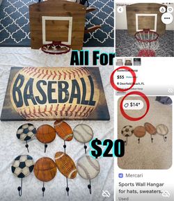 $20 FOR ALL SPORTS 🏀 ITEMS WOODEN BASKETBALL HOOP WALL HANG,2 METAL COAT,HATS HANGER,LARGE CANVAS