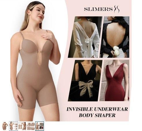 Slimers Backless Shapewear Strapless Bodysuit - Low Back Women Body Shaper : Slimming Built In Bra With Plunge