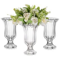 Pedestal Glass Vase, 7.5” Tall Compote Vase Set of 3, Crystal Clear Vases, Ribbed Decorative Vase
