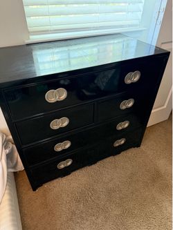 Art Deco Black Lacquered Dresser with Silver Ring Hardware (2)