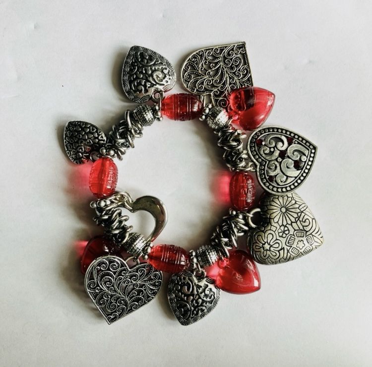 Silver And Red Heart Charm Bracelet