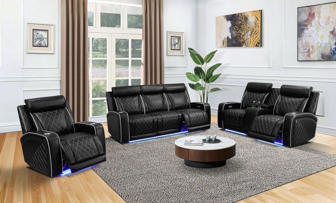 Power Electric Black Leather Fully Reclining Couch Set