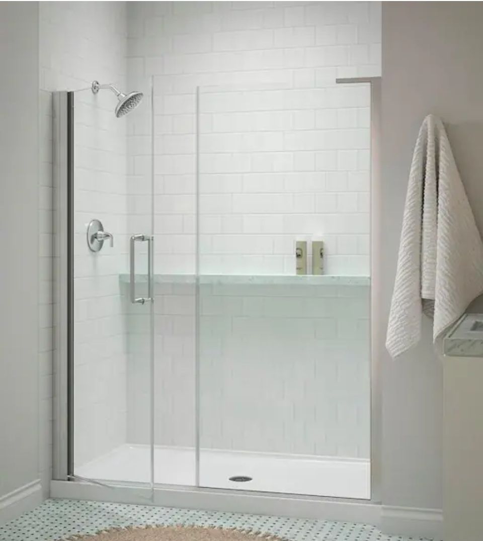 KOHLER Cursiva 57-60 in. W x 72 in. H Frameless Pivot Shower Door in Bright Polished Silver