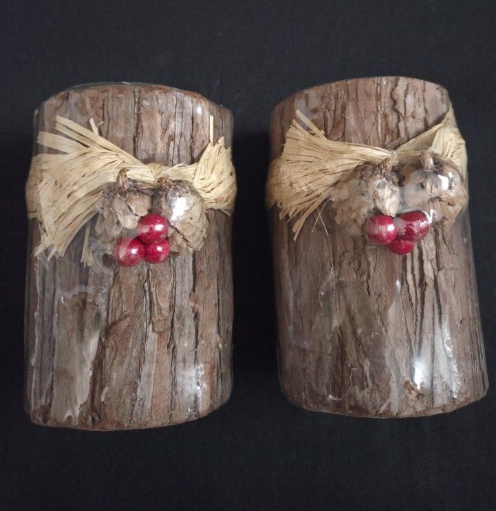 2 Vtg Tree Log Pillar Candles 5" X3" NEW Sealed Cozy Christmas