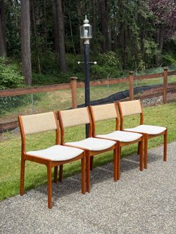 Set of Four (4) Danish Mid-Century Modern Dining Chairs in Solid Teak & Original Fabric by D-SCAN, c. 1980's