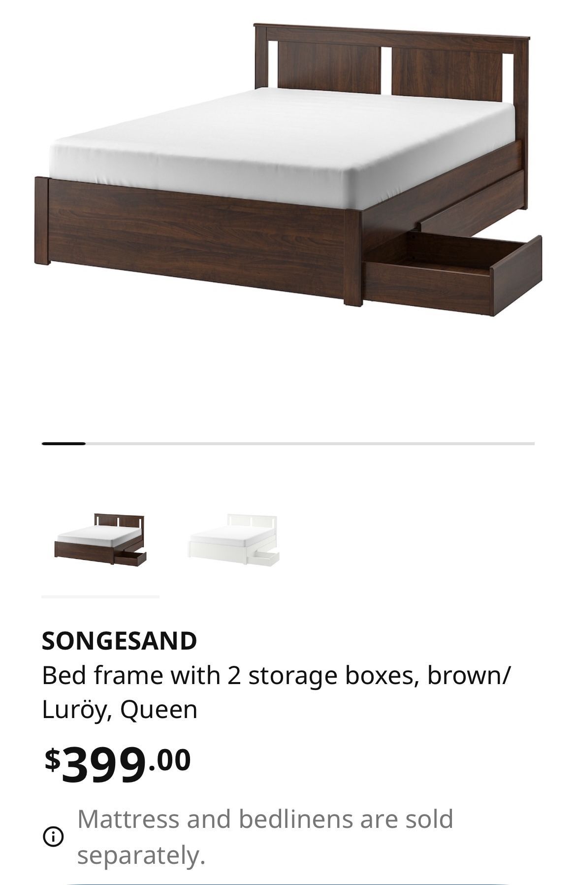 Brown Queen Bed Frame + Slats and 2 Storage Drawers