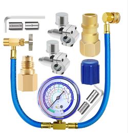 R134a AC Recharge Hose Kit With Gauge, R12 R22 Retrofit Adapter