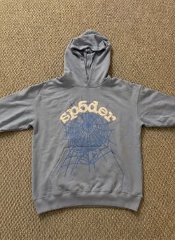 Sp5der print rhinestone hoodie sky blue size M