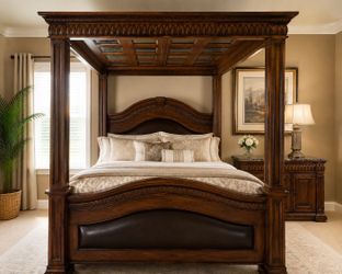 5-Piece Wooden Bedroom Set King Poster Bed Drawers Side Table Wardrobe Mirror