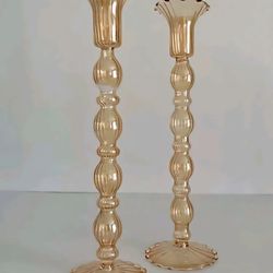 Anthropologie Modern Mouth Blown Borosilicate Glass Candlesticks 11in 2.7oz Ea. 