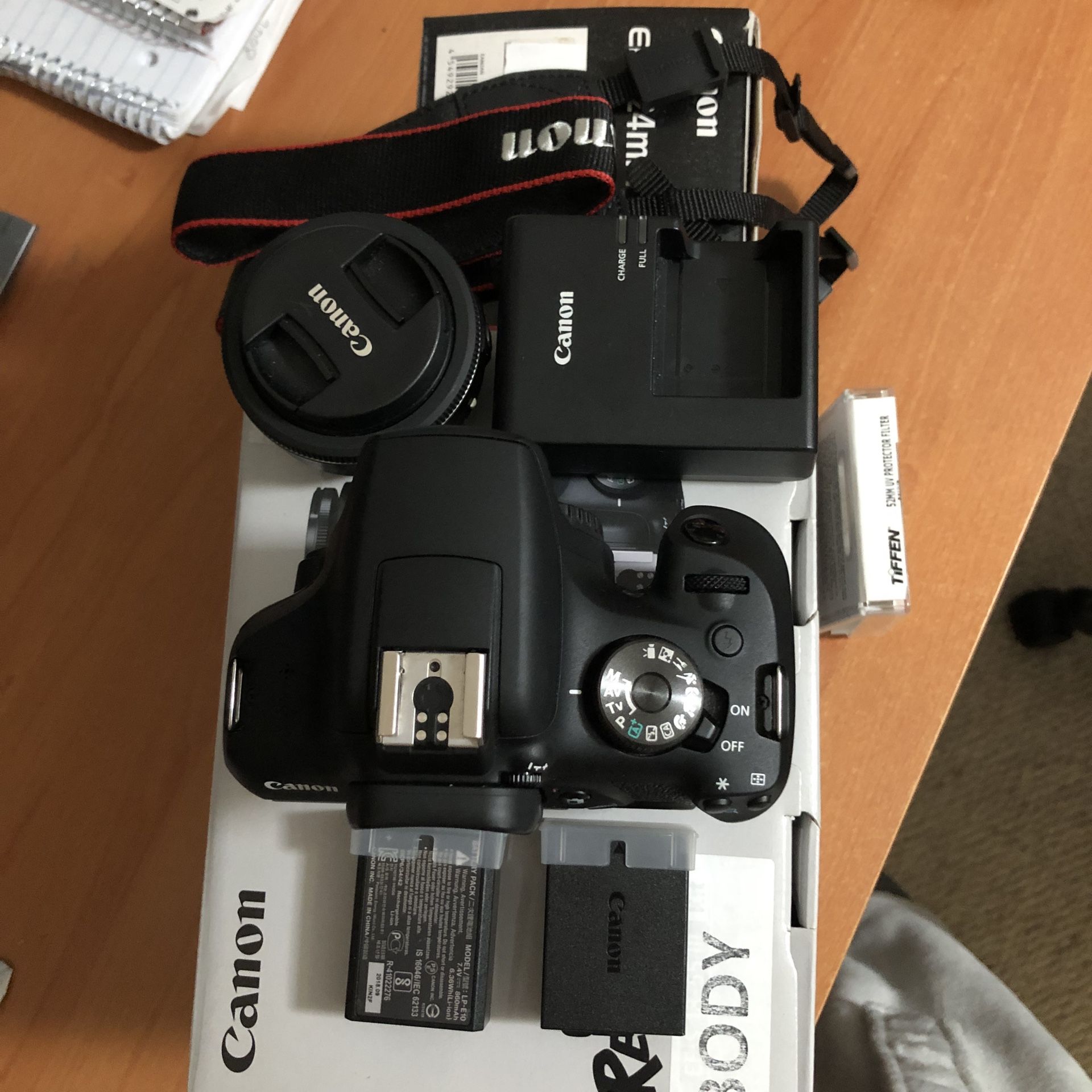 Canon Rebel T7 + 24mm Lens + Charger + 3 Batteries + Strap for Sale in