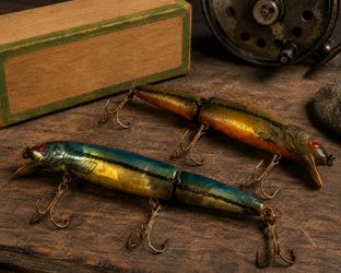 Vintage 4.5” Jointed Wooden Fishing Pair Glass Eye Pikie Lure Crankbaits