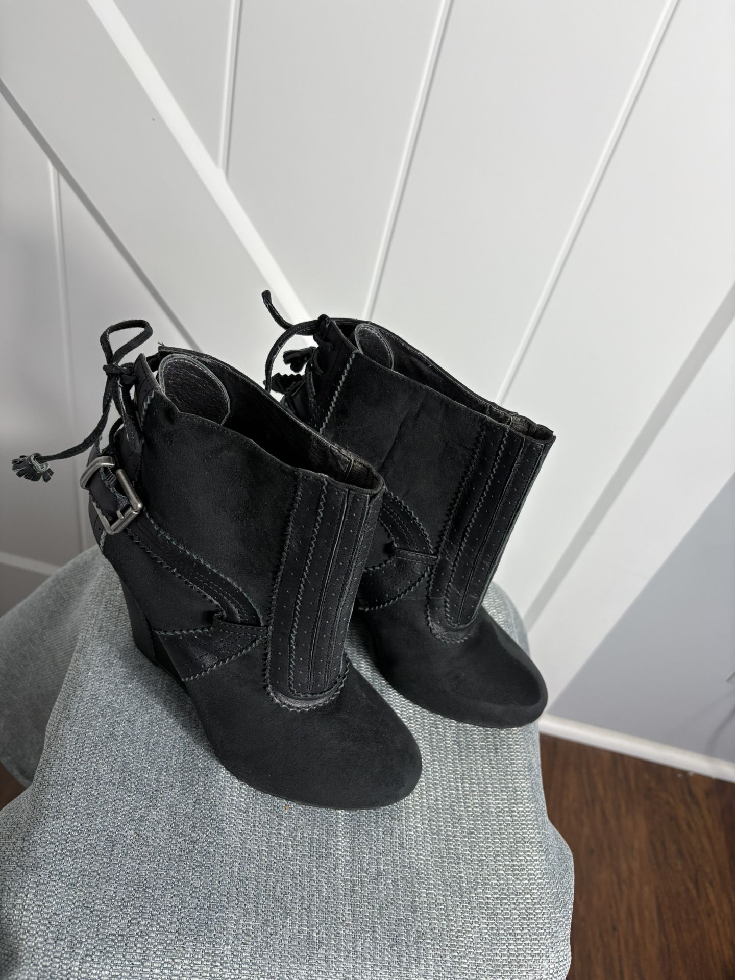 Lovely People Black Suede Boots Side Buckle Size 10