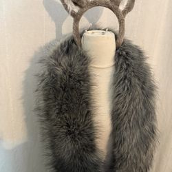 Adult Furry Gray Wolf Headband Ears with Faux Fur Scarf for costume Cosplay 